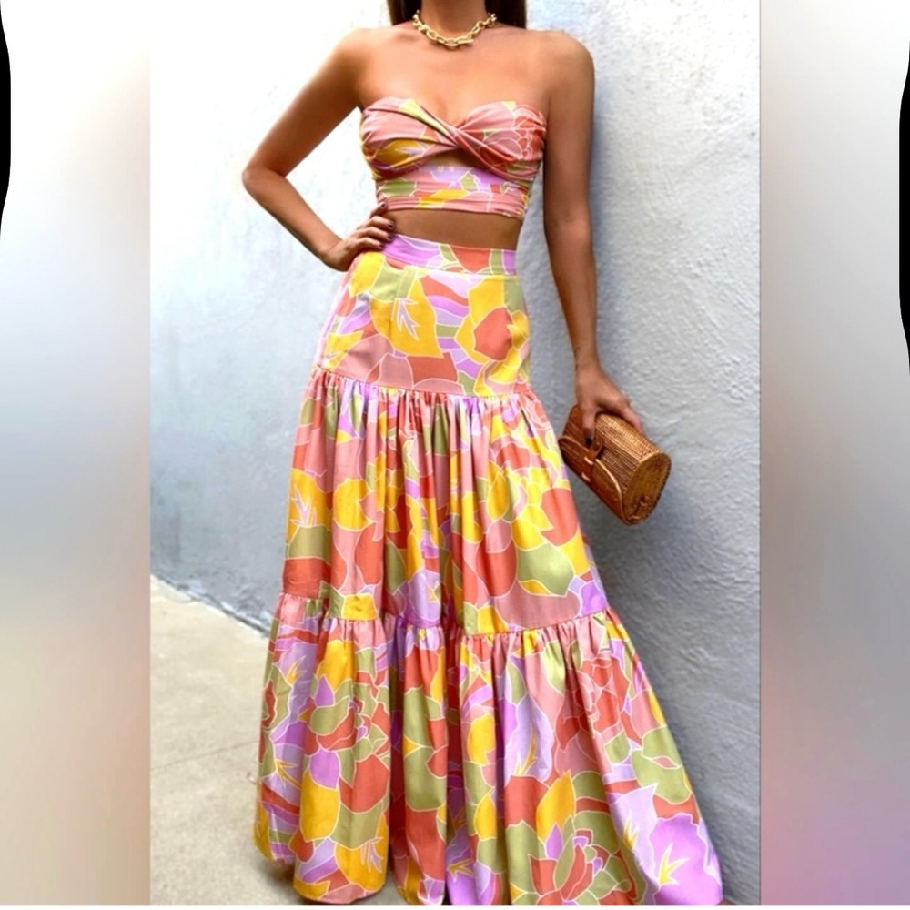 Strapless Floral Print Crop Top & Maxi Skirt Set - Pink Yellow